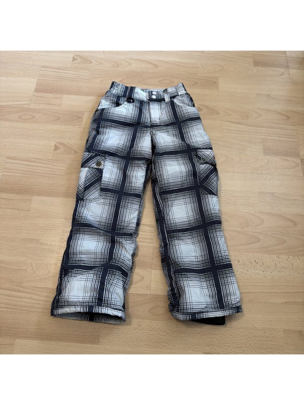 Roxy Snow Pants Girls XS White Black Plaid Insulated Snowboard Padding Cargo Ski
